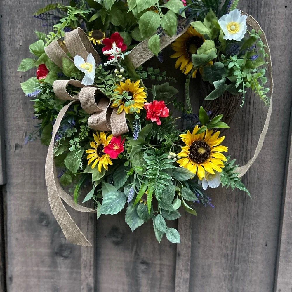 Yellow and Red Holiday Wreath with Rustic Charm spring summer fall wreath